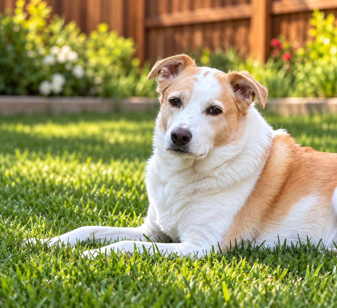 Bagel, a tan and white dog, reclining on the grass in a sunny backyard and looking toward the camera