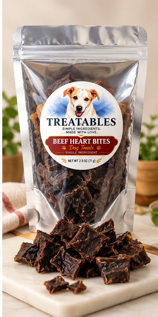 Bag of Treatables Beef Heart Bites with bite-sized beef heart pieces in front