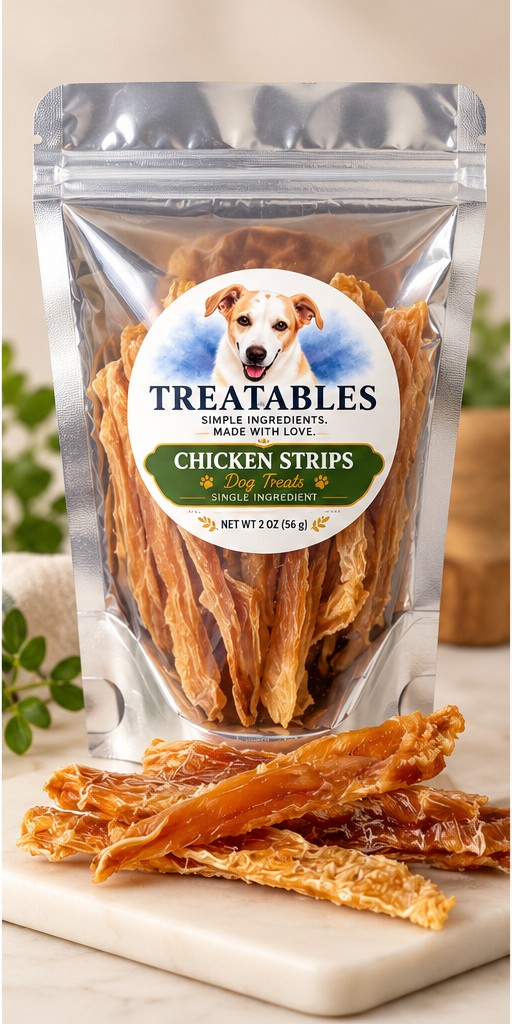 Bag of Treatables Chicken Strips with dehydrated chicken breast strips in front