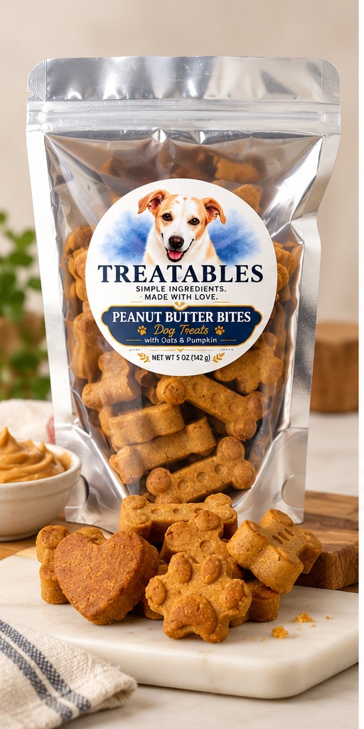 Bag of Treatables Peanut Butter Bites with bone-shaped and heart-shaped treats in front